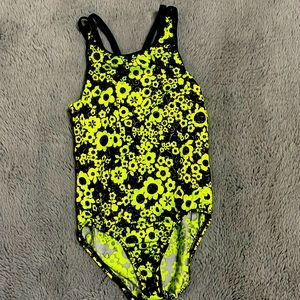 Green/yellow floral design gymnastics leotard